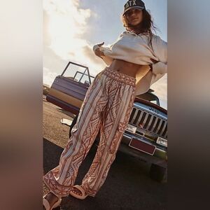 Free People Movement Visionary Printed Pant Elastic Waist Geo Ivory Brown NWT